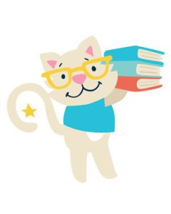 kitty with stack of books back to school
