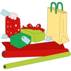 presents, wrap and a shopping bag